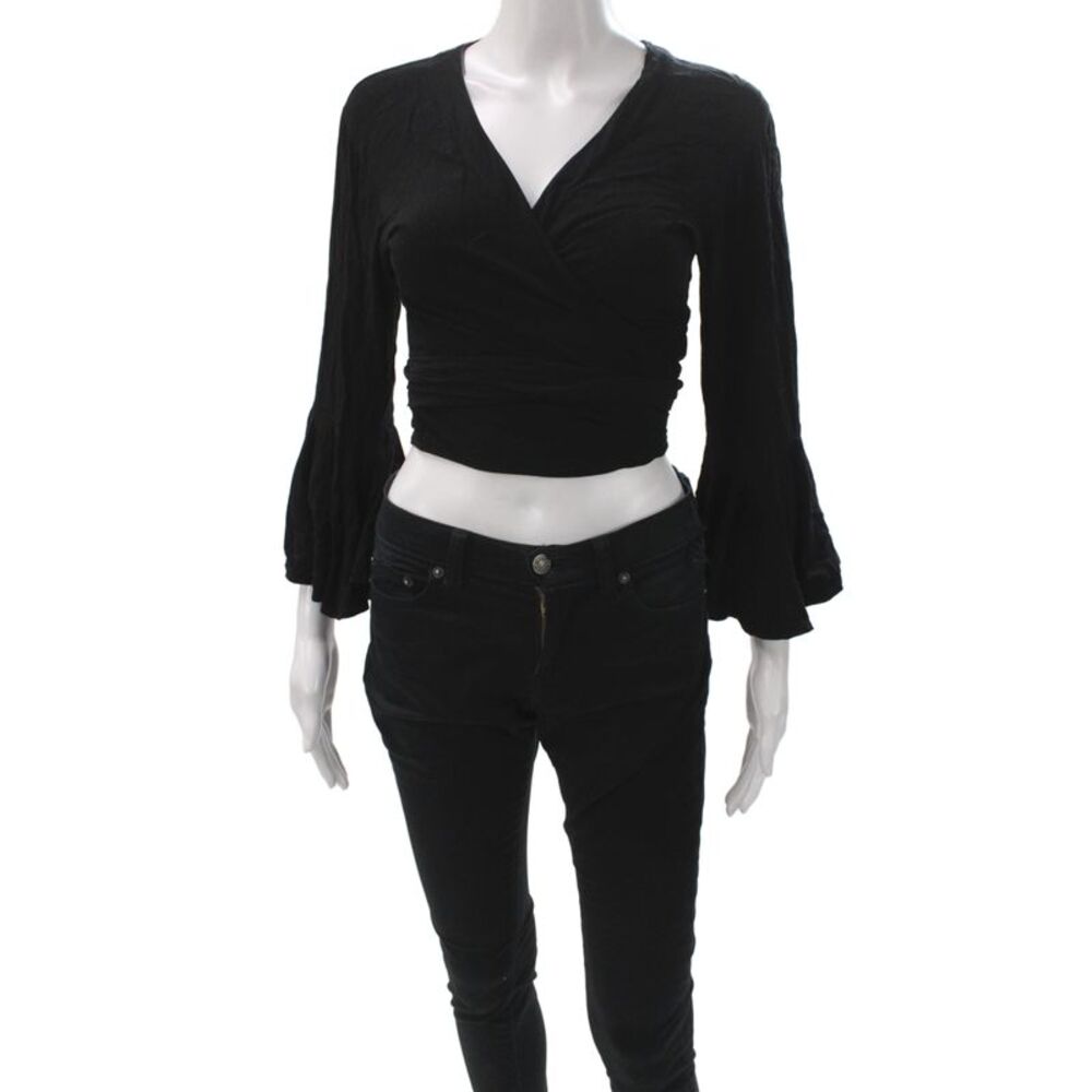 Indah Womens Cropped Black V-Neck Long Sleeve Blouse Tie Closure Size S